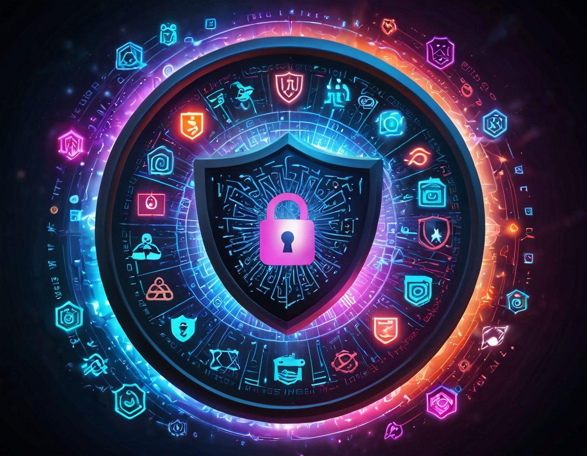A digital shield symbolizing protection, surrounded by icons of various internet threats like malware, phishing, and XSS vulnerabilities, portrayed in a cosmic cyber landscape. Include a glowing lock in the center and mythical coding script flowing in the background, highlighting safety in the blogosphere. vibrant colors. 3D. futuristic.