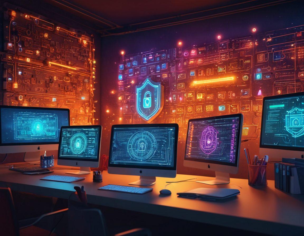 A digital fortress made of code and locks, symbolizing website security, surrounded by creative elements like pens, laptops, and digital diaries. Illustrate a diverse group of content creators discussing security protocols in a cozy, techy environment with glowing screens. The background should feature a blend of digital elements like firewalls and protective shields. super-realistic. vibrant colors. 3D.